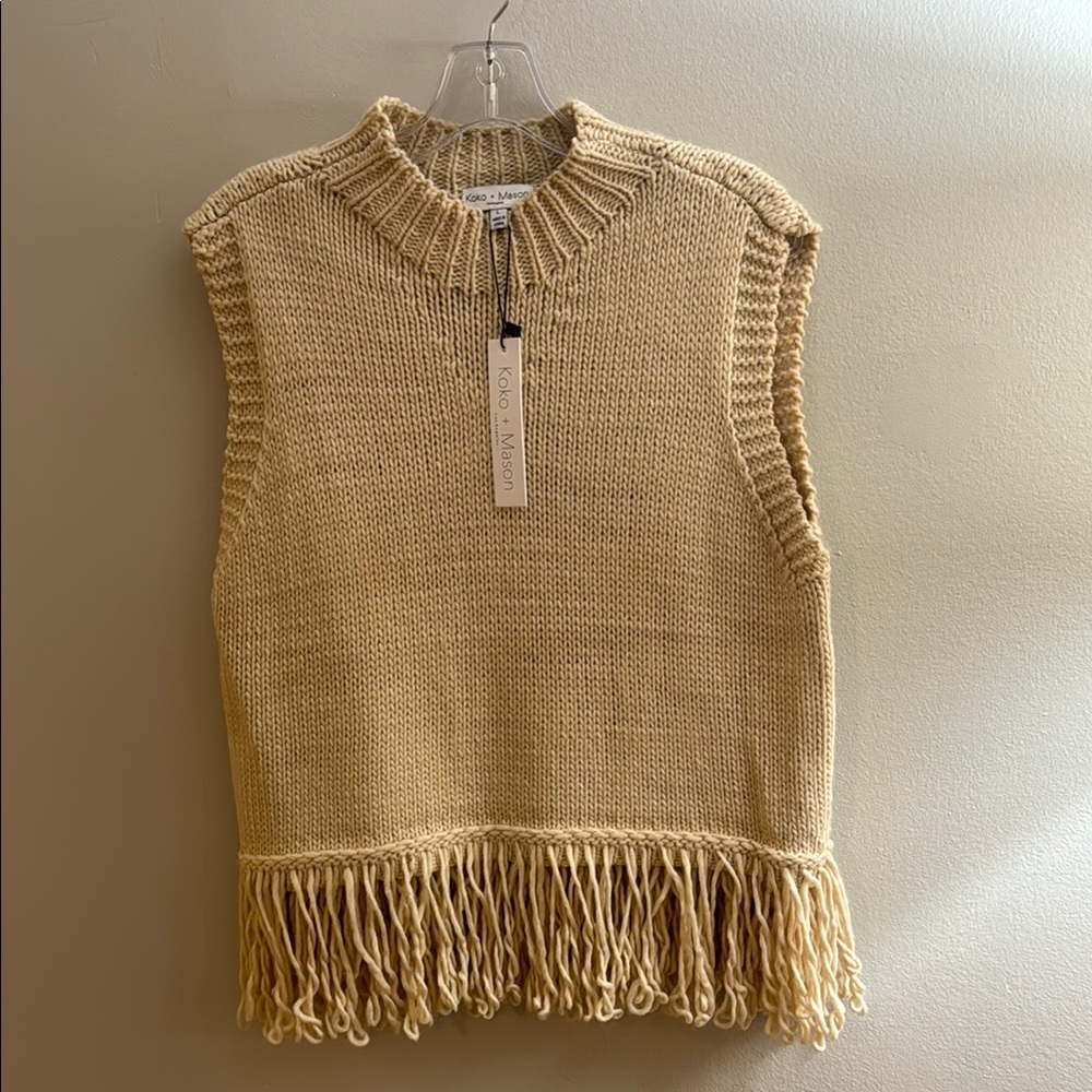 Knit Fringe Sweater Vest in Beige